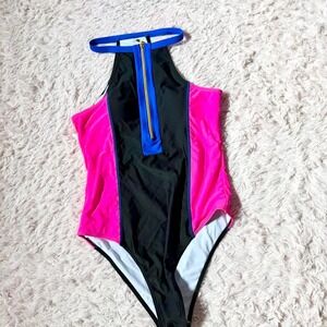Colorblock Retro 80s Inspired Zippered High Neck One Piece Swimsuit Womens XL